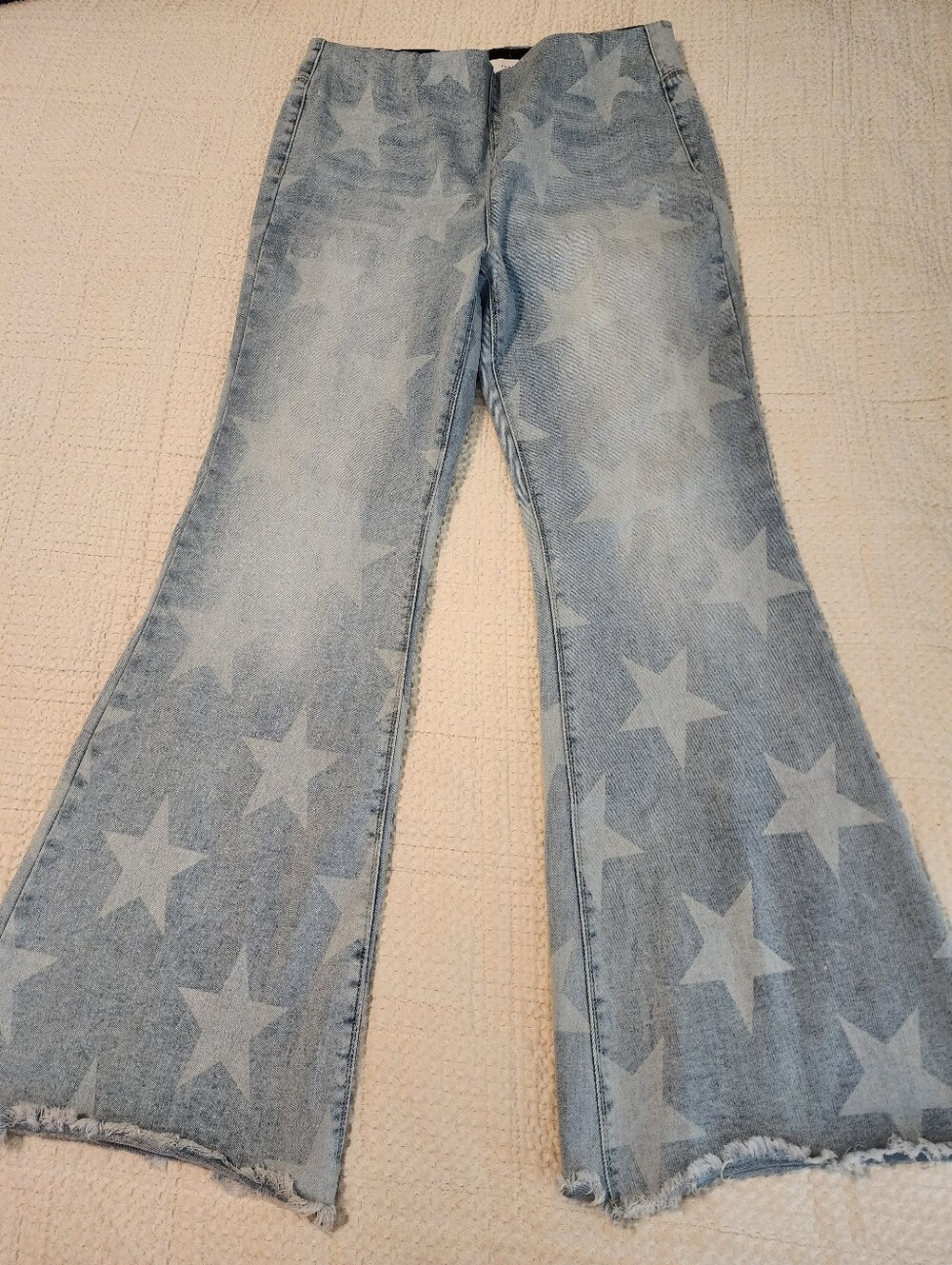 Risen 2XL Light Blue Star-Print Flared Jeans Fringed Hem Tall Girl Friendly Boho